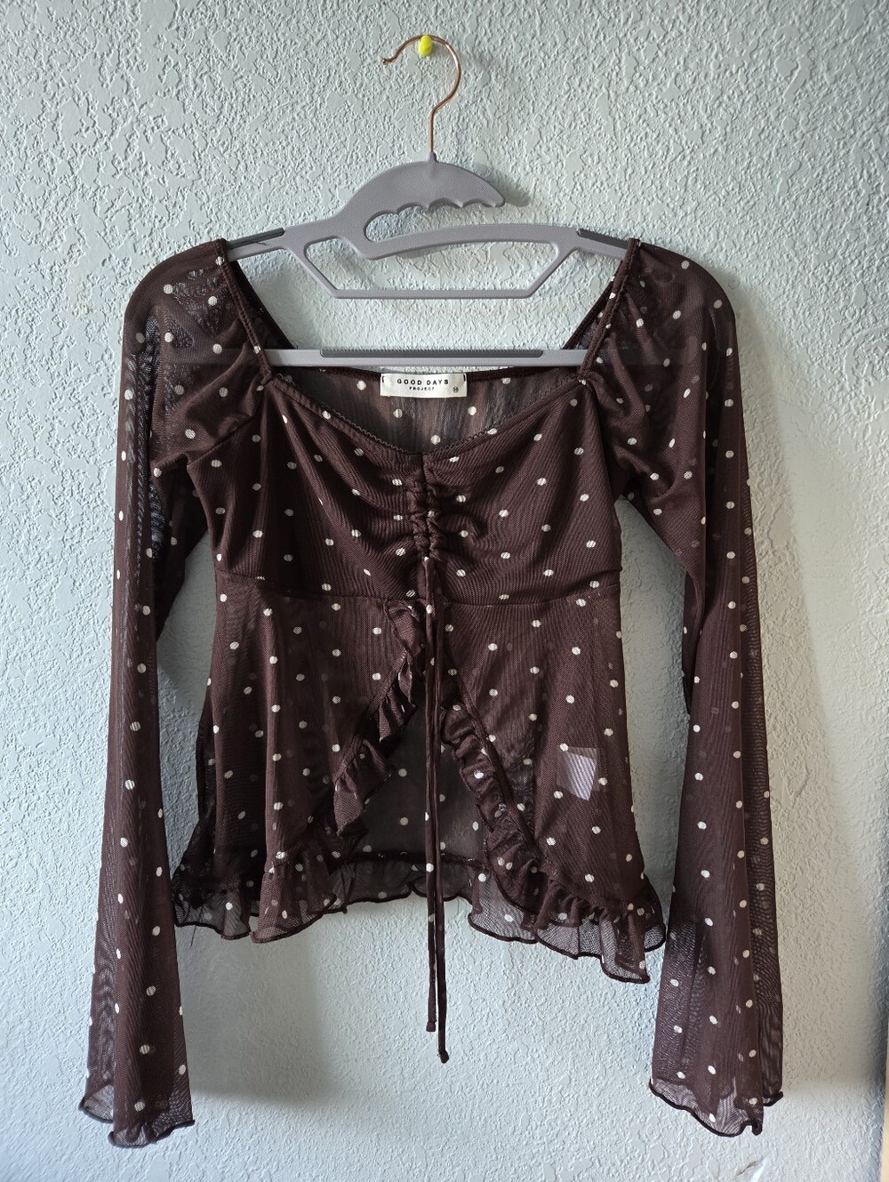 Brown Polka Dot Ruched Mesh Blouse